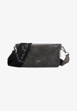Sac bandoulière rectangulaire gris foncé avec sangle réglable noire comportant le texte "fruits" en gris et un petit logo en forme de cœur ailé argenté.