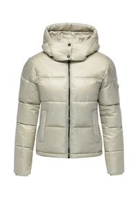 Giacca imbottita beige con cappuccio, dotata di zip frontale, due tasche laterali e una texture liscia e lucida.
