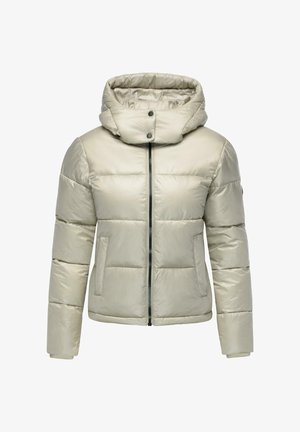 Beige padded jacket with a hood, featuring a front zipper, two side pockets, and a smooth, shiny texture.