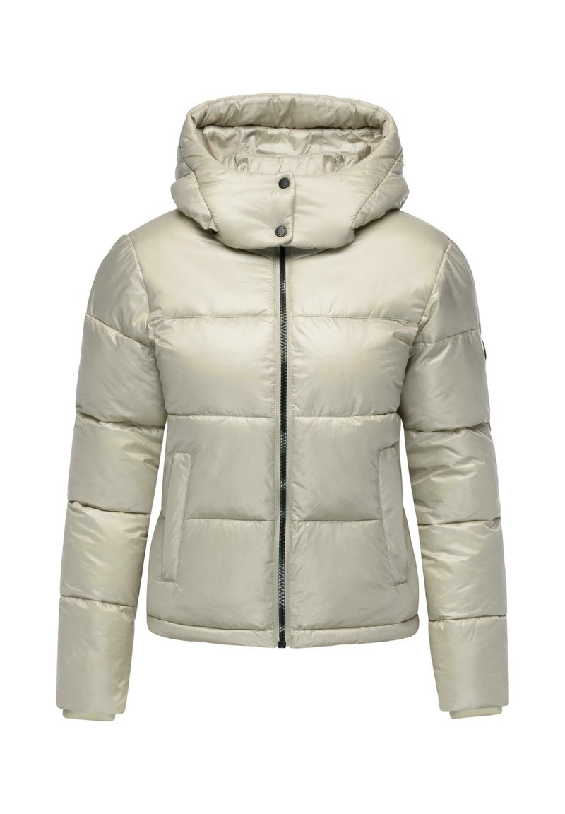 Giacca imbottita beige con cappuccio, dotata di zip frontale, due tasche laterali e una texture liscia e lucida.