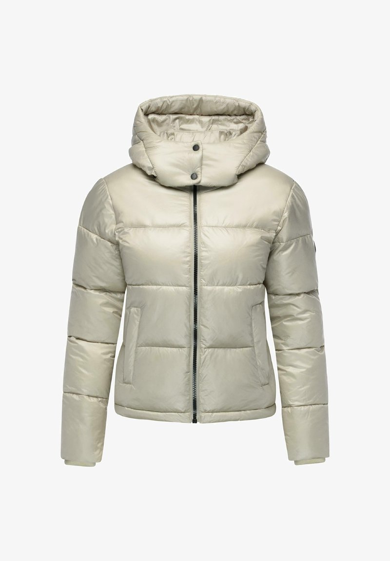 Beige padded jacket with a hood, featuring a front zipper, two side pockets, and a smooth, shiny texture.