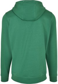 Grüner Kapuzenpullover mit Kordelzugkapuze, gerippten Bündchen und Saum. Weicher Stoff mit glatter Textur, Rückansicht.