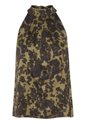 Un haut sans manches, de couleur olive, avec un col haut, présentant un subtil motif floral en marron foncé et des plis froncés pour une texture.