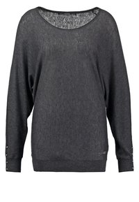 Pull à manches longues gris foncé avec un large col rond, ourlet côtelé et petits détails à clous sur les poignets.