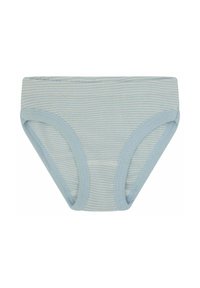 Slip azzurro chiaro con sottili righe bianche, dotato di una morbida fascia elastica in vita e aperture per le gambe, realizzato in cotone elasticizzato.