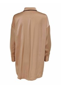 Satin, long-sleeve shirt in soft beige with a collared neck. Features a center back pleat and relaxed fit. Smooth texture and light sheen.