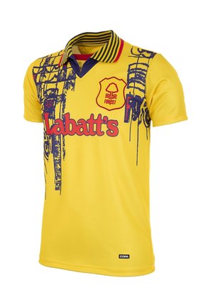 Geel voetbalshirt met gestreepte kraag, grafisch ontwerp met blauwe accenten en geborduurd merk 'Labatt's' en logo.