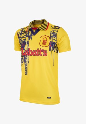 Geel voetbalshirt met gestreepte kraag, grafisch ontwerp met blauwe accenten en geborduurd merk 'Labatt's' en logo.