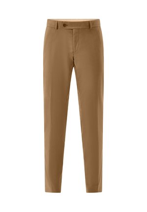 Men's straight-fit khaki trousers with belt loops, front button, and zipper closure, displayed against a white background.
