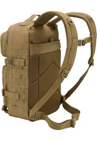 Sac à dos tactique marron avec panneaux latéraux en maille, bretelles rembourrées réglables, plusieurs compartiments de rangement et poignée supérieure renforcée.