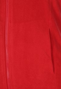 Rote Fleecejacke mit einem langen Reißverschluss, weichem Stoff und seitlichen Taschen. Das gezeigte Material hat eine gleichmäßige, glatte Oberfläche.
