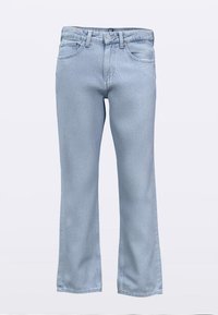 Lichtblauwe spijkerbroek met rechte pijpen, vijf zakken en een knoop- en ritsluiting in de taille. Gladde textuur.