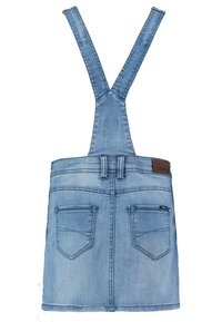 Hame dainari denim dalam biru muda, dengan tali lebar, ukuran pinggang yang pas, dua saku belakang, dan tepi jahitan.