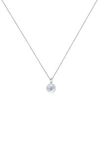 Collana d'argento con un pendente rotondo che presenta una pietra chiara e lucida. La catena è attorcigliata e delicata, esaltando la prominenza del pendente.