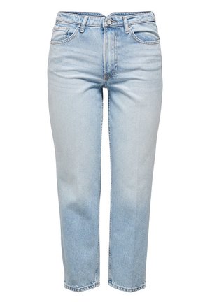 Jasnoniebieskie spodnie jeansowe z wysokim stanem i prostymi nogawkami, z przodem na guzik, zamkiem błyskawicznym, szlufkami na pasek i klasycznym krojem z pięcioma kieszeniami.