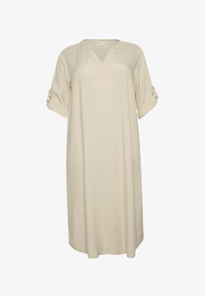 Beżowa sukienka do kolan z dekoltem w kształcie V, krótkimi, podwiniętymi rękawami oraz detalem guzikowym na mankietach. Wykonana z lekkiego, gładkiego materiału.