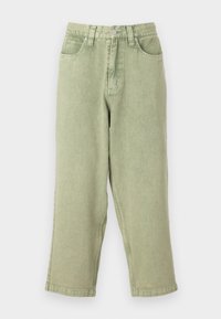 Light green denim jeans with a straight leg design, five pockets, metal button closure, and subtle texture.