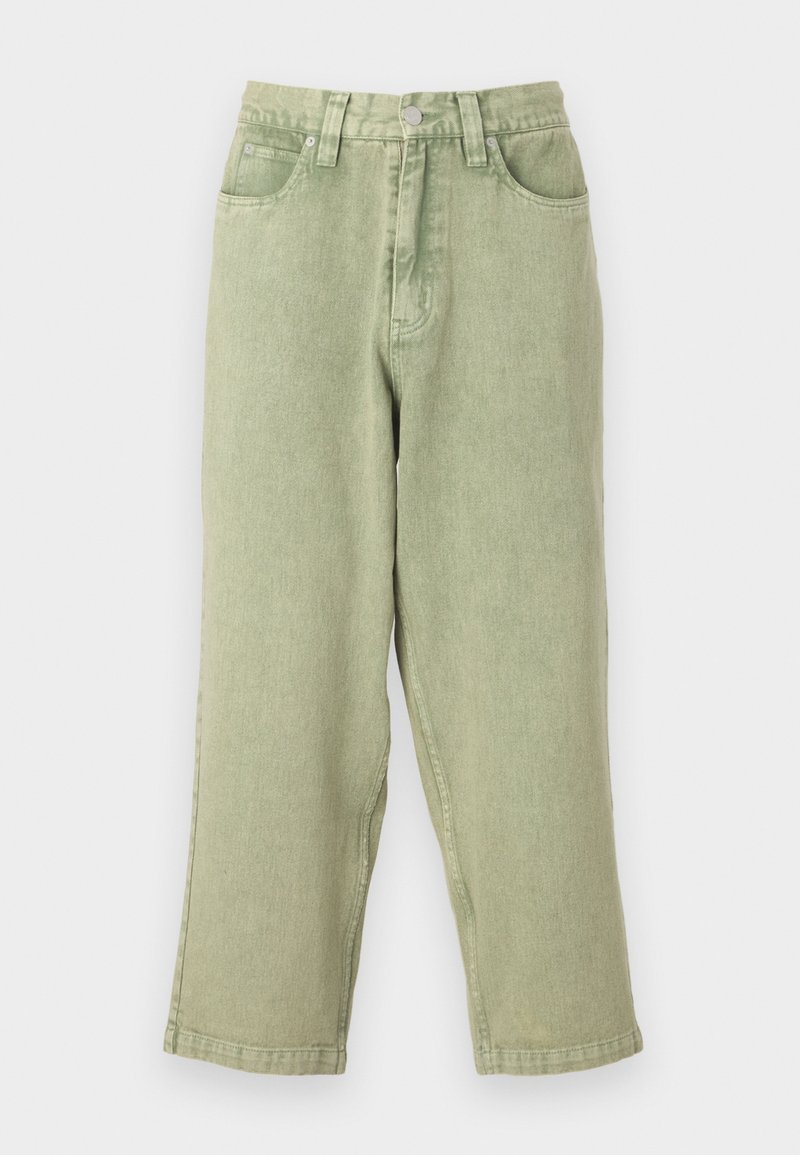 Vaqueros de mezclilla verde claro con un diseño de pierna recta, cinco bolsillos, cierre de botón metálico y textura sutil.