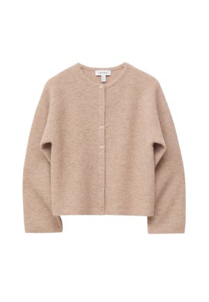 Cardigan beige con bottoni, maniche lunghe e scollo rotondo, realizzato in morbido tessuto a maglia rigata.