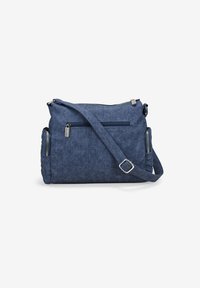 Bolso de hombro de textil azul con correa ajustable, que cuenta con bolsillos con cremallera en la parte frontal y lateral, y una superficie de tela texturada.