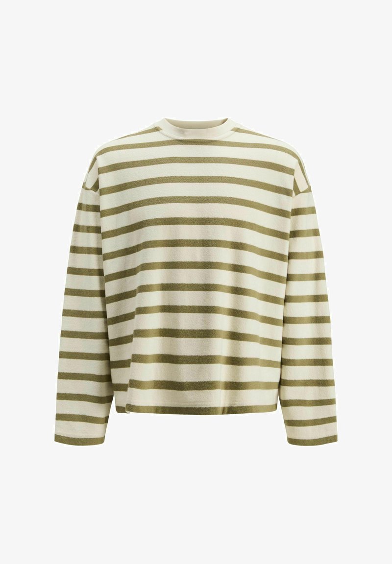 Haut à manches longues rayé en crème et vert olive, fabriqué à partir d'un tissu doux. Il présente un décolleté rond et une coupe décontractée avec des manches larges.