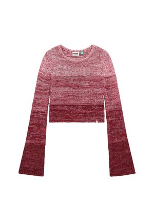 Rode gebreide crop sweater met lange klokmouwen, voorzien van een gradient ontwerp en textuurstof. Ronde halslijn met merkembleem.