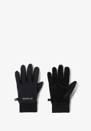 Schwarze Handschuhe aus einer Kombination von glattem Stoff und strukturierten Griffen. Mit einem Bund und einem Logo im Bereich des Handgelenks. Geeignet für kaltes Wetter.