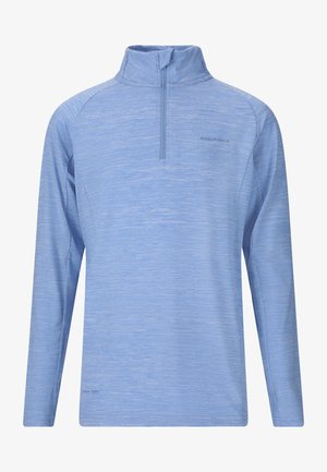 Himmelblaues Langarm-Pullover mit hohem Kragen und halblangem Reißverschluss. Hergestellt aus strukturiertem, schnell trocknendem Material. Verfügt über dezentes Branding.