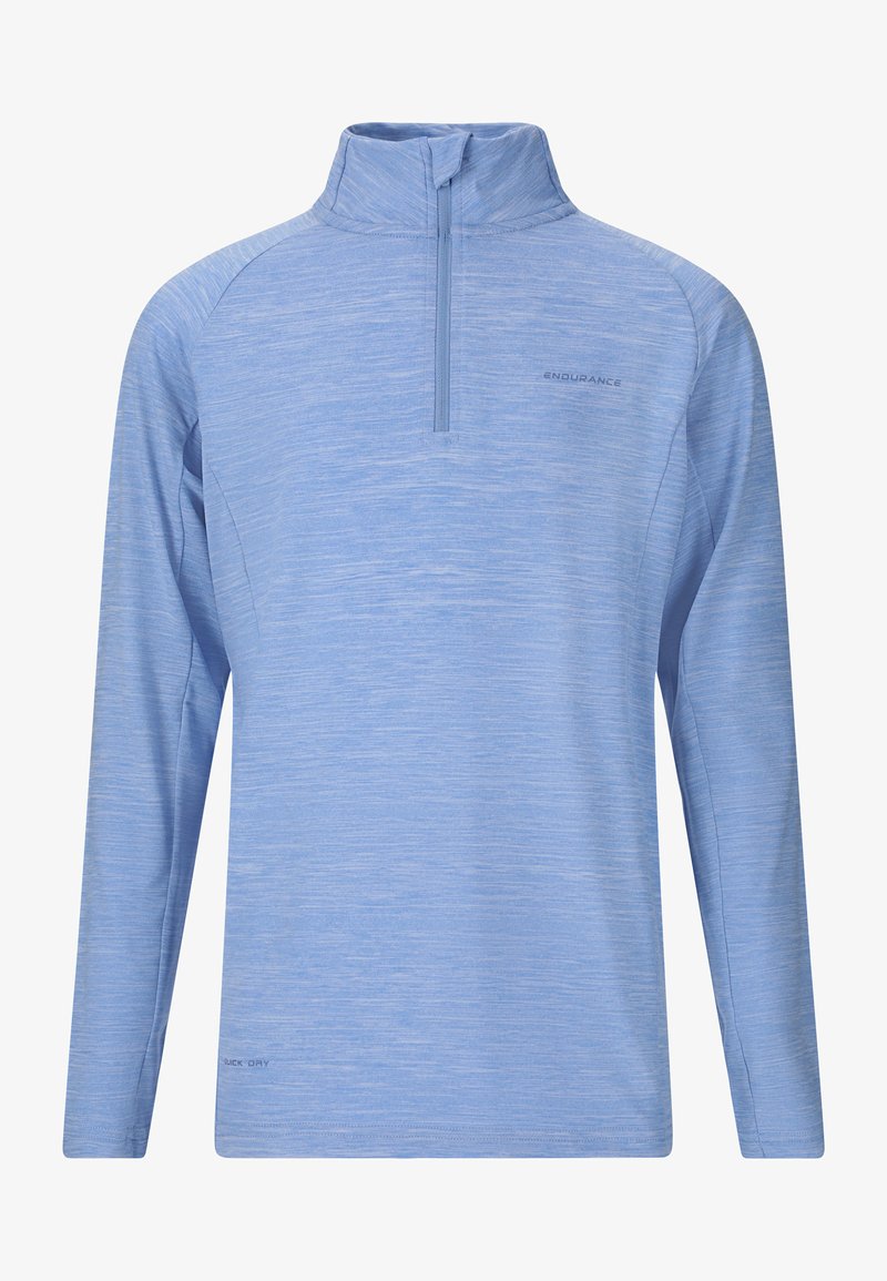 Himmelblaues Langarm-Pullover mit hohem Kragen und halblangem Reißverschluss. Hergestellt aus strukturiertem, schnell trocknendem Material. Verfügt über dezentes Branding.