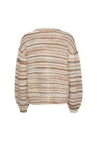 Maglione lavorato a maglia con strisce orizzontali in beige, marrone e azzurro chiaro. Collo rotondo, spalle scese e finitura testurizzata.