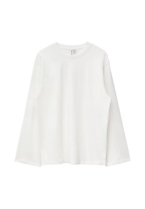 Schlichtes weißes Langarmshirt mit Rundhalsausschnitt aus weichem Stoff, flach liegend ohne Muster oder Logos dargestellt.