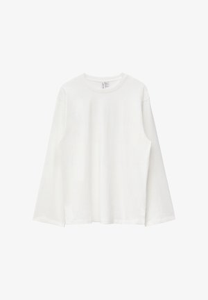 Schlichtes weißes Langarmshirt mit Rundhalsausschnitt aus weichem Stoff, flach liegend ohne Muster oder Logos dargestellt.