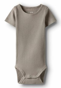 Kortärmad ribbad bodysuit i ljusgrått. Har en rund halsringning och tryckknappar nertill för enkel påklädning. Mjuk tygstruktur.