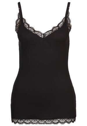 Zwarte geribbelde top met kantafwerking op de halslijn en zoom, voorzien van dunne verstelbare schouderbandjes.