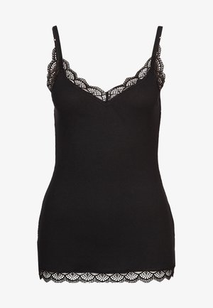 Camisole noire côtelée avec bordure en dentelle au niveau de l'encolure et de l'ourlet, dotée de fines bretelles réglables.
