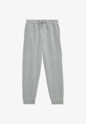 Pantaloni gri deschis din catifea cu talie elastică și șnur ajustabil, picioare conice și manșete striate.