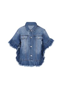 Jeansjacka med korta ärmar, ljusblå tvätt, framfickor och volangkanter. Har kopparfärgade knappar och slitna kanter.