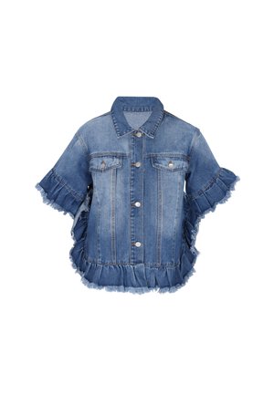 Jeansowa kurtka z krótkimi rękawami, w jasnoniebieskim odcieniu, z przednimi kieszeniami i falbanką na dole. Posiada miedziane guziki i postrzępione krawędzie.