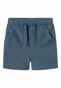 Pantalones cortos azul marino de tela suave con cintura elástica, cordón de ajuste y dos bolsillos frontales con una sutil textura moteada.