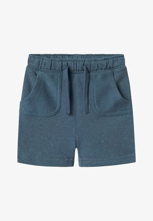 Navy blue shorts made of soft fabric featuring an elastic waistband, drawstring, and two front pockets with subtle speckled texture.