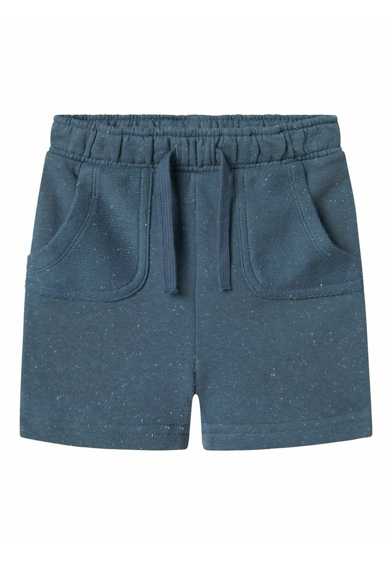 Pantalones cortos azul marino de tela suave con cintura elástica, cordón de ajuste y dos bolsillos frontales con una sutil textura moteada.