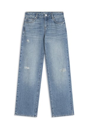 Světle modré džíny se stejně širokými nohavicemi, opotřebované detaily na stehnech, pět kapes a zapínáním na knoflík v pase.