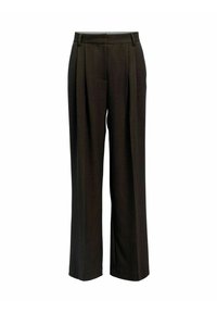 Hose mit weitem Bein aus dunkelbraunem Stoff. Verfügt über feine Falten, einen flachen Bund und eine glatte Textur. Geeignet für formelle oder legere Outfits.