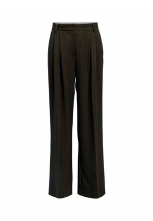 Pantaloni a gamba larga in tessuto marrone scuro. Presentano pince, una vita piatta e una texture liscia. Adatti per occasioni formali o casual.