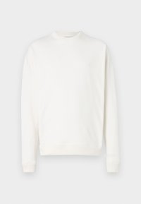 Hvit hettegenser med rund hals, ribbet mansjetter og hem. Myk tekstur med en liten logo på brystet. Enkel, uprydet design.