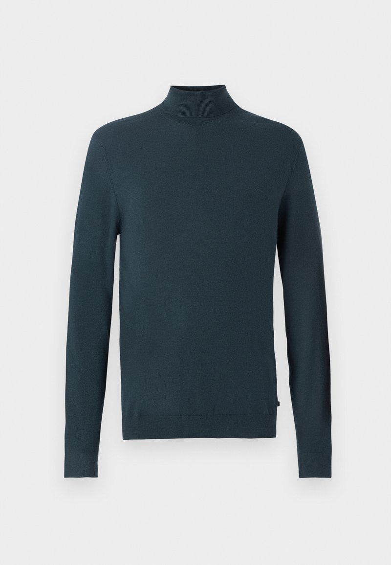 Pull en col roulé teal foncé fabriqué à partir d'un matériau tricoté lisse, doté de manches longues et d'une coupe ajustée avec un col côtelé.