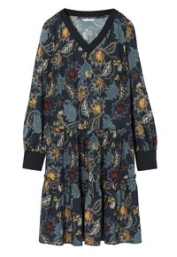 Vestido largo de manga larga con fondo marino, escote en V, dobladillo con volantes y vibrantes patrones de hojas y flores en amarillo, azul y rojo.