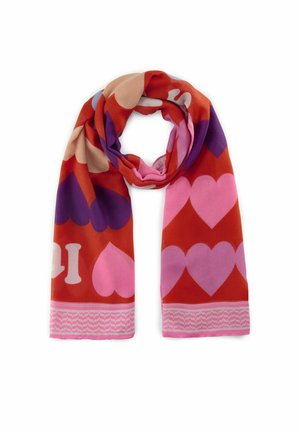 Zijden sjaal in het rood met verschillende hartvormen in roze, paars en beige. Heeft een patroon van een roze rand aan de onderkant. Zachte textuur.