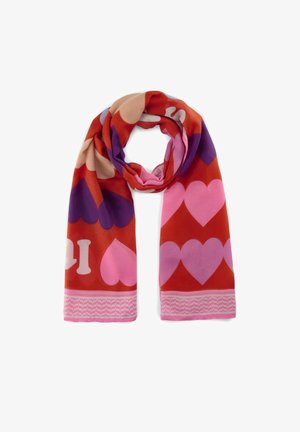 Silk scarf in red with various heart shapes in pink, purple, and beige. Features a patterned pink border at the base. Soft texture.
