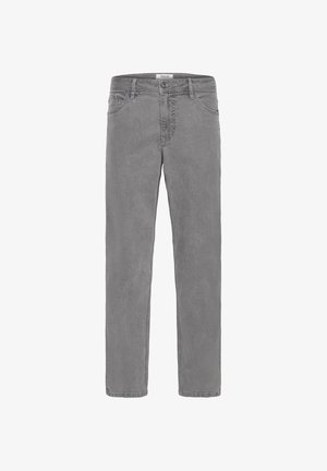 Grå denimjeans med lige ben, der har lynlåslukning, fem lommer og subtile syningsdetaljer.